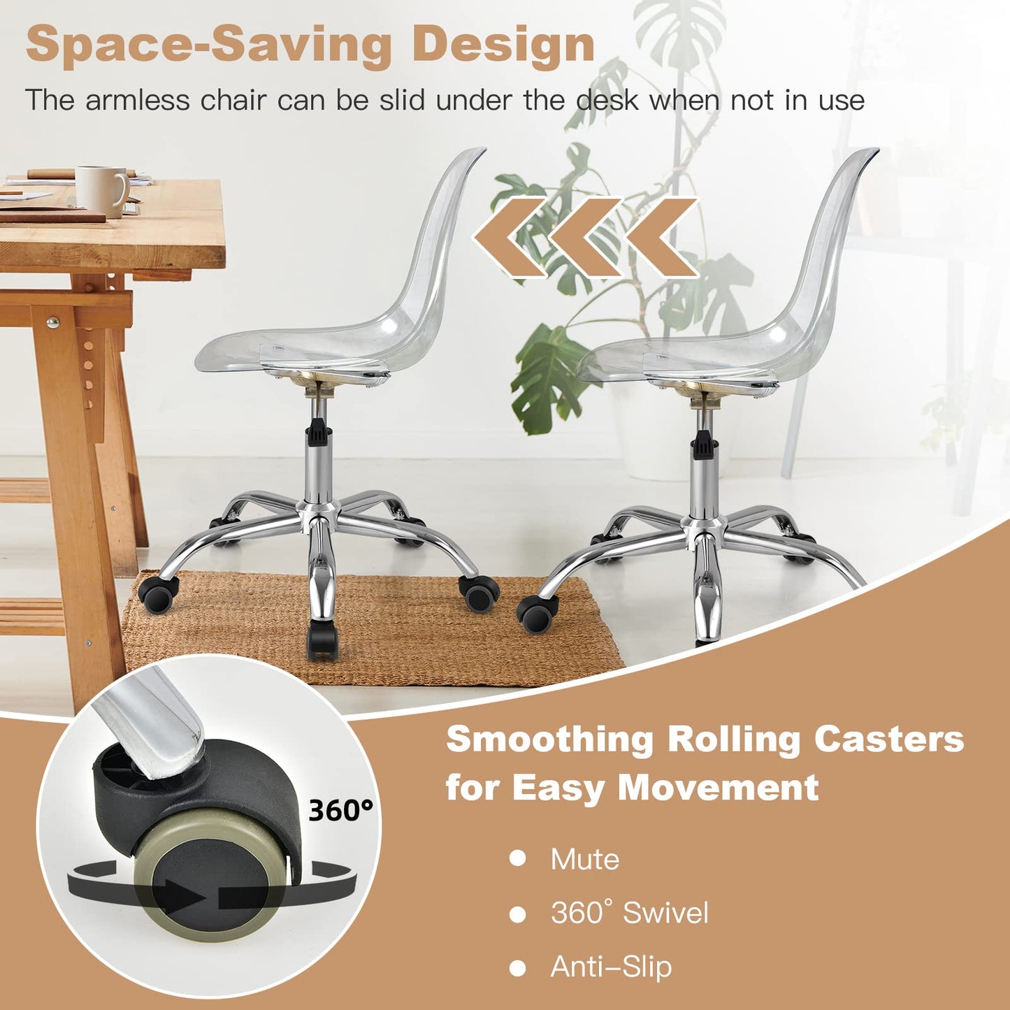 Acrylic Clear Desk Chair Armless Swivel Vanity Ghost Plastic Chair