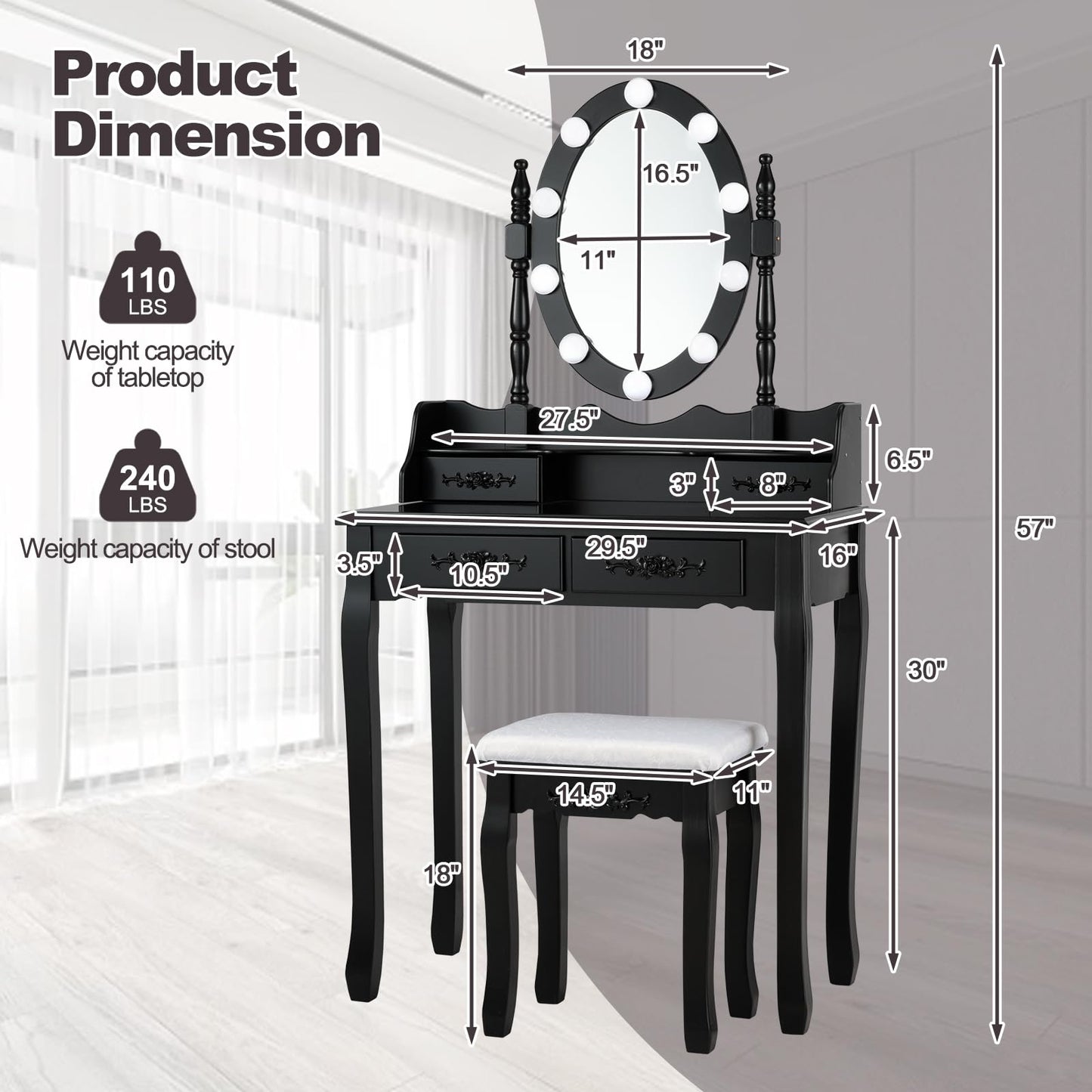 Vanity Desk with Lights 2-in-1 Makeup Table with 3 Modes Adjustable Lighted LED Mirror & Cushioned Stool