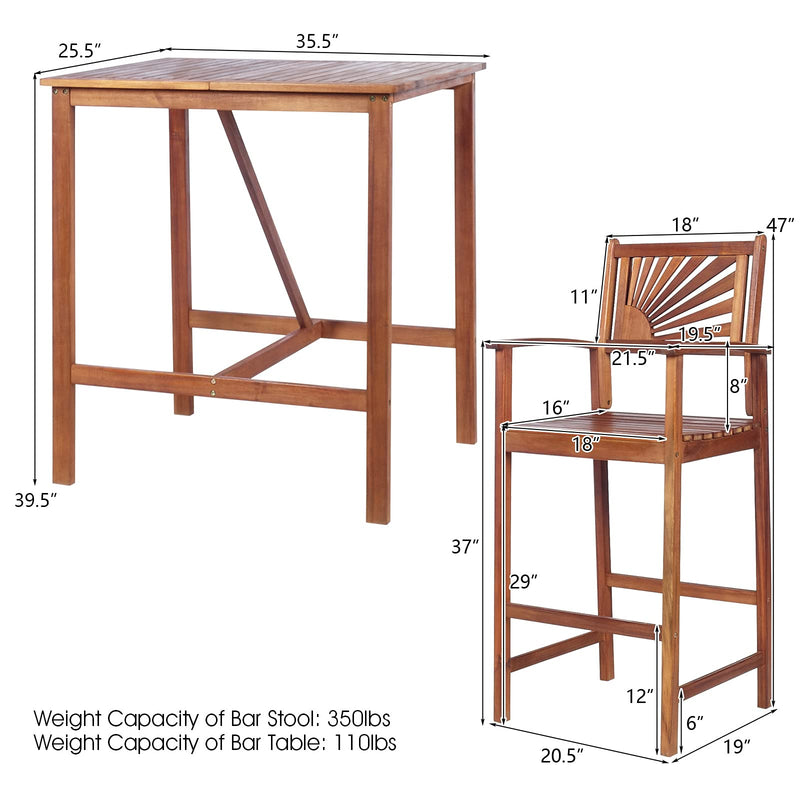 3PCS Bar Table Set Outdoor Acacia Wood Dining Set