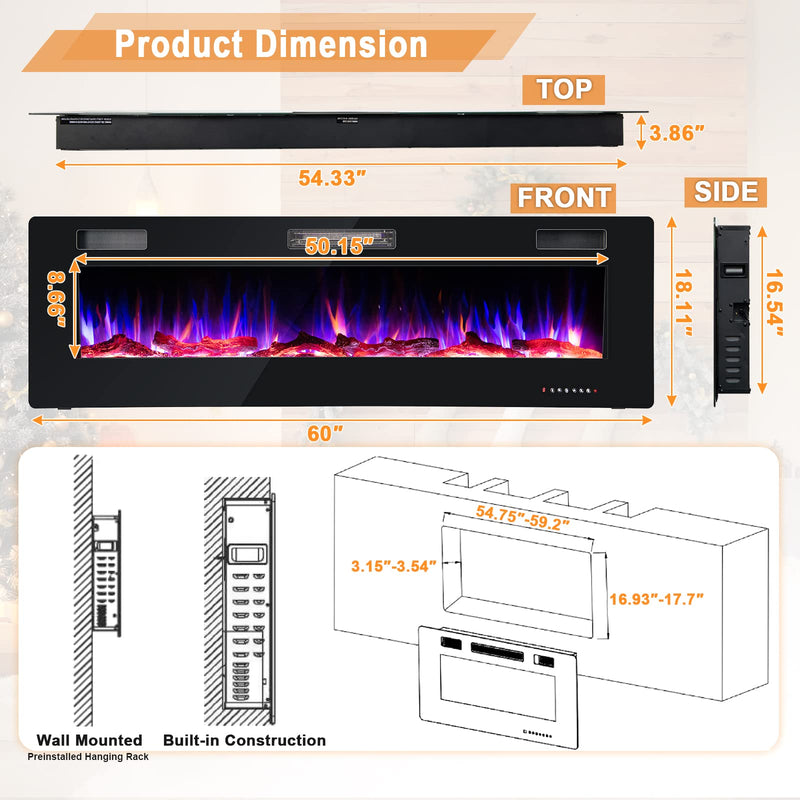 ARLIME 60 Inches Ultra-Thin Electric Fireplace 750W/1500W Recessed & Wall Mounted
