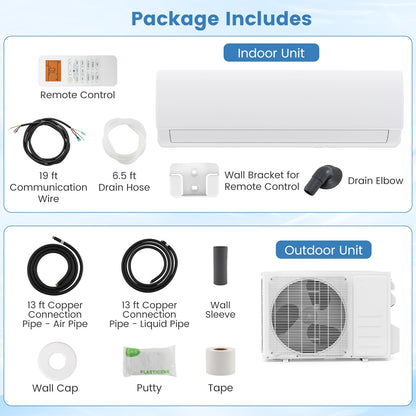 11500/17000/23000 BTU Mini Split Air Conditioner w/Installation Kit