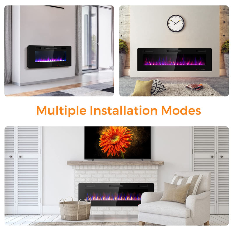 750W/1500W Wall Recessed and Mounted Fireplace with Remote Control (60-Inch)