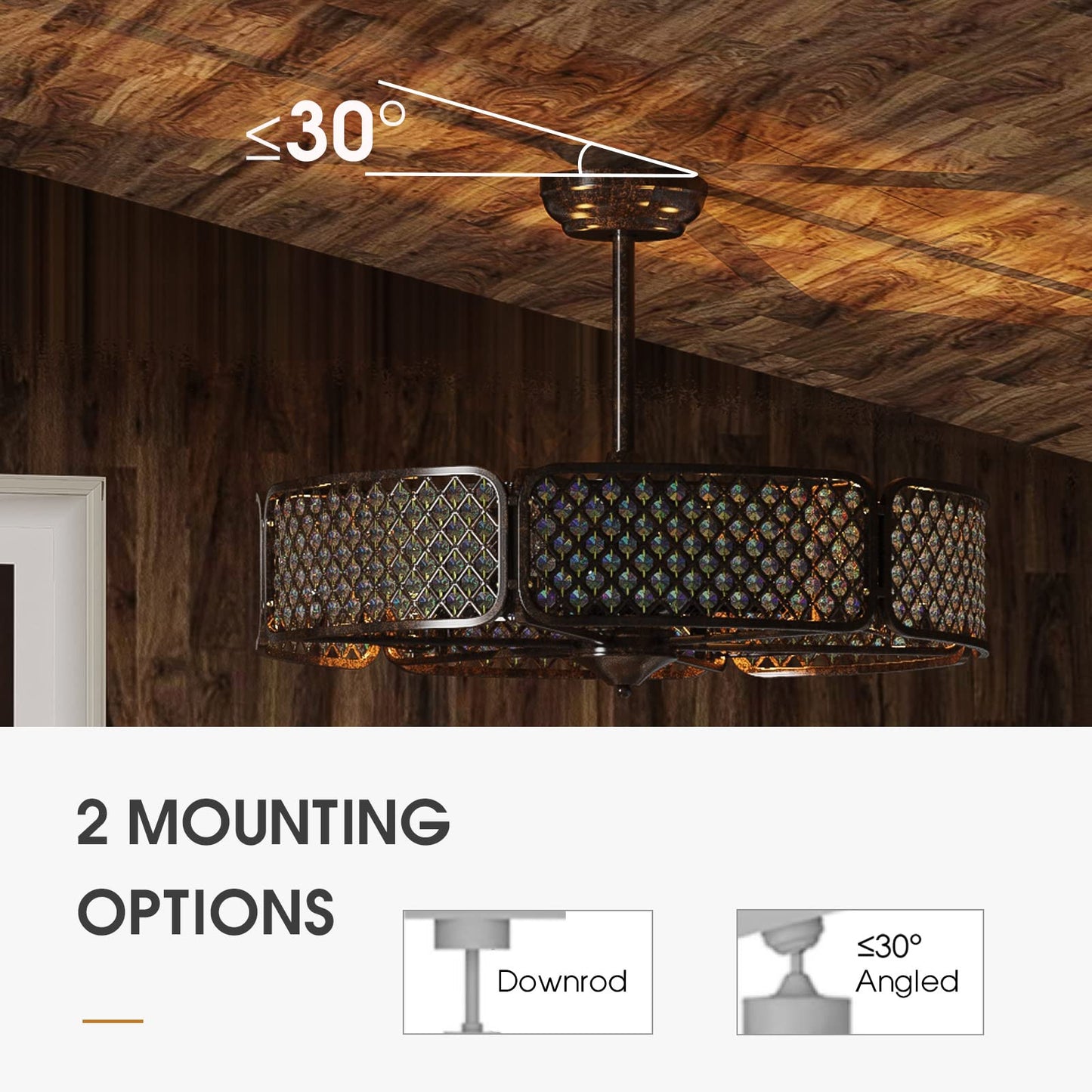 Caged Ceiling Fan with Light, 30 Inch Crystal Ceiling Fan with 6 Light Bases, 3 Fan Blades & Remote Control