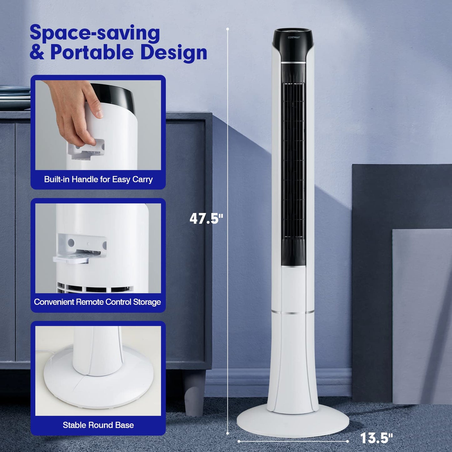 ARLIME Tower Fan with Remote Control Portable 47.5-Inch Standing Floor Fan with 80˚ Oscillating