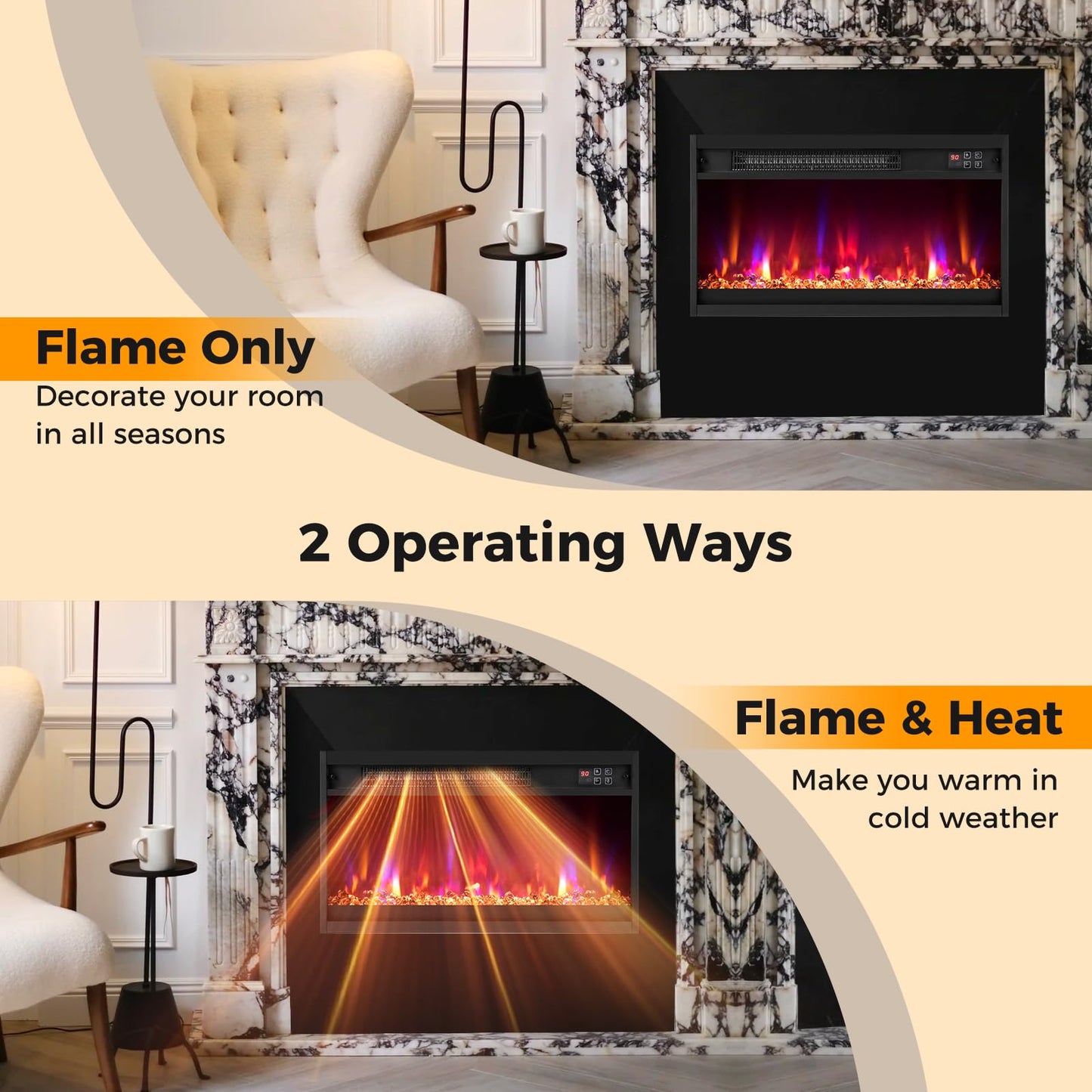 23 Inch Recessed Fireplace Heater, Electric Fireplace Insert w/Multi-Color Flame & Crystal Ember Bed