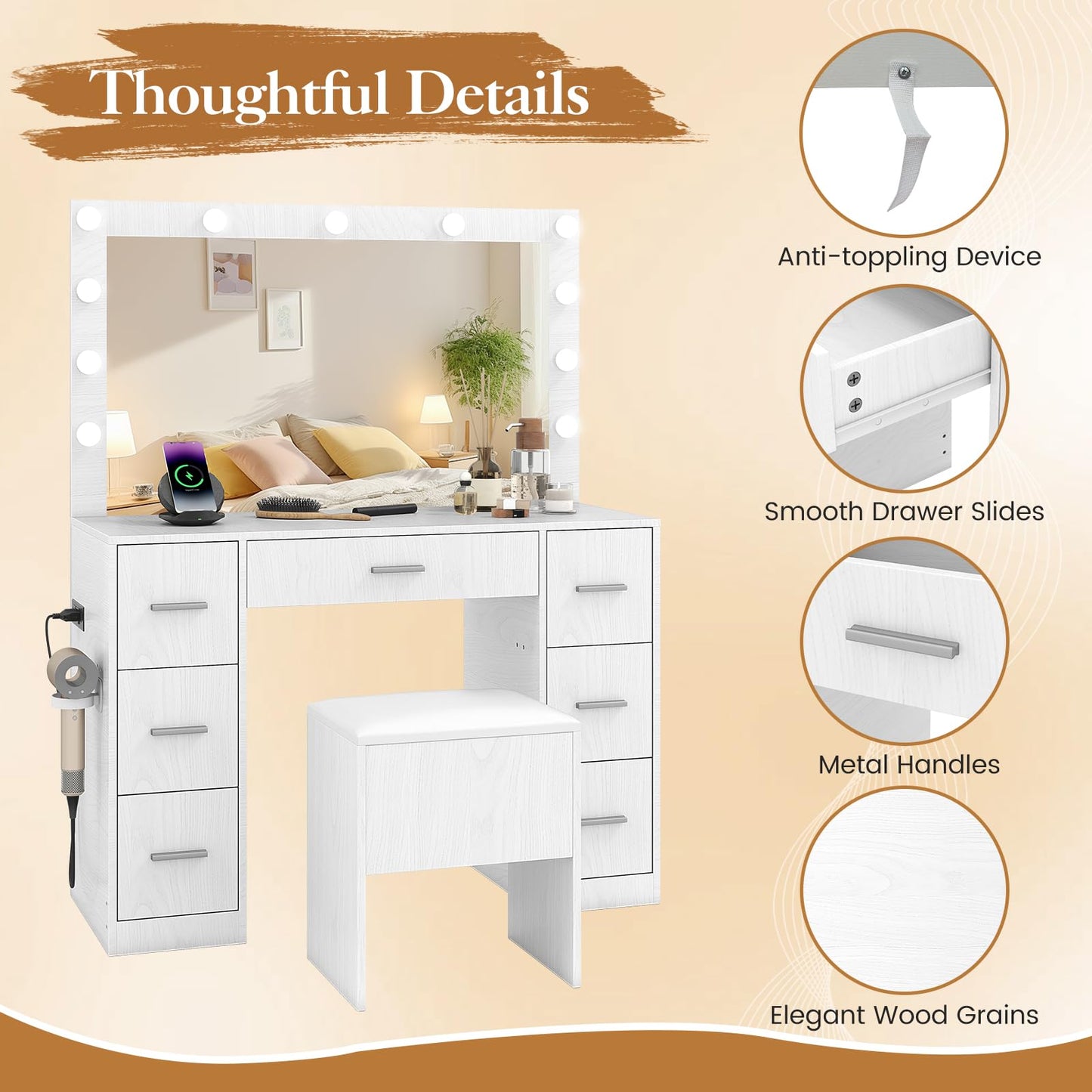 43.5'' Modern Dressing Table with Charging Station