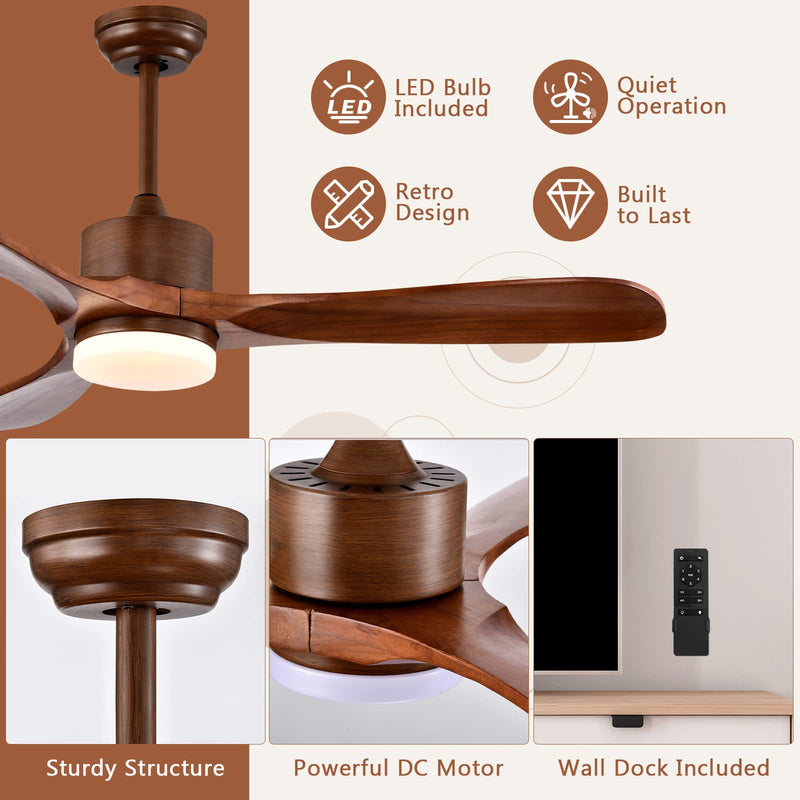 52 Inch Ceiling Fan with LED Light and Remote Control, Indoor Ceiling Fan for Living Room Bedroom