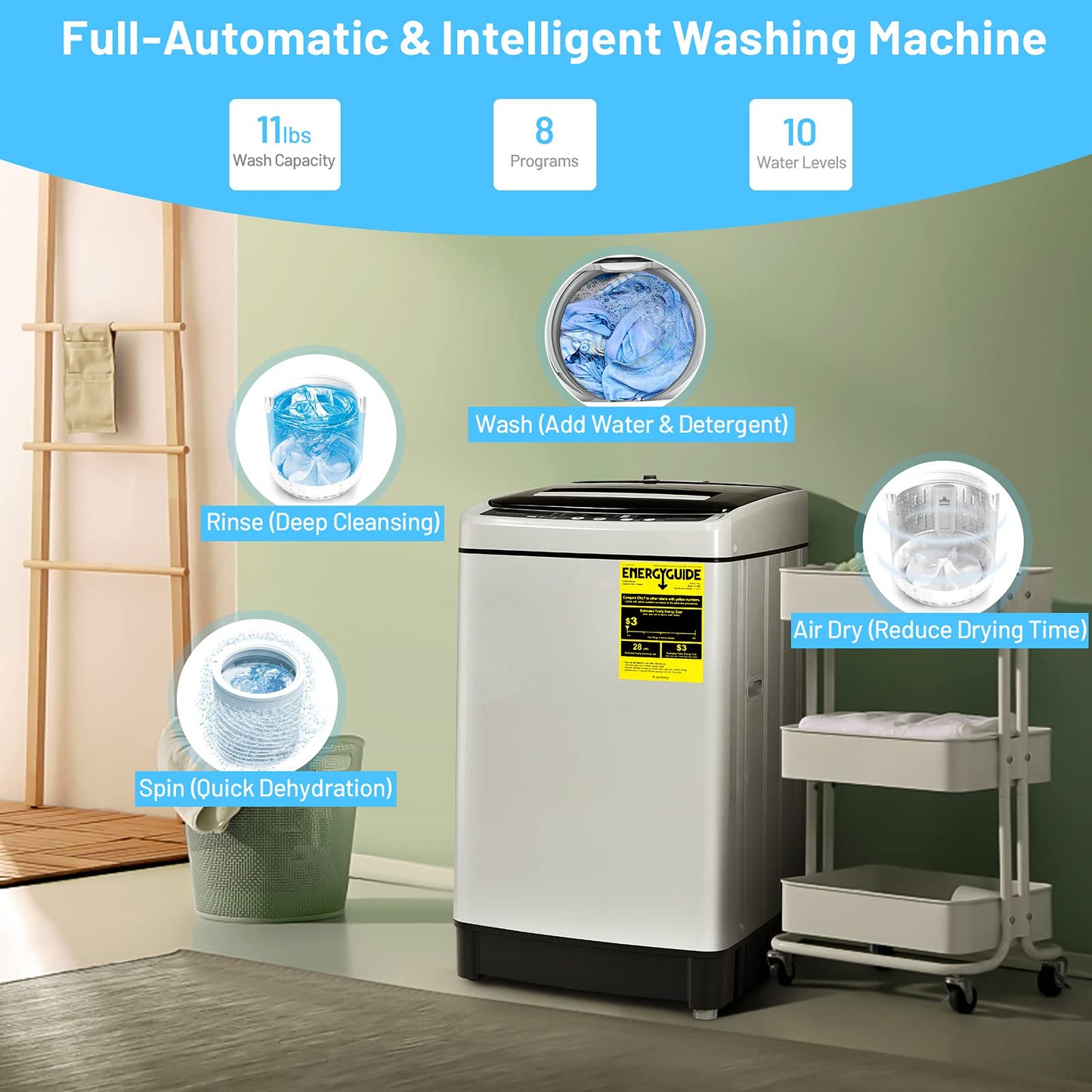 Portable Washing Machine, 11Lbs Capacity Full-automatic Washer