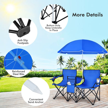 Portable Folding Picnic Double Chair W/Umbrella Table Cooler Beach Camping Chair