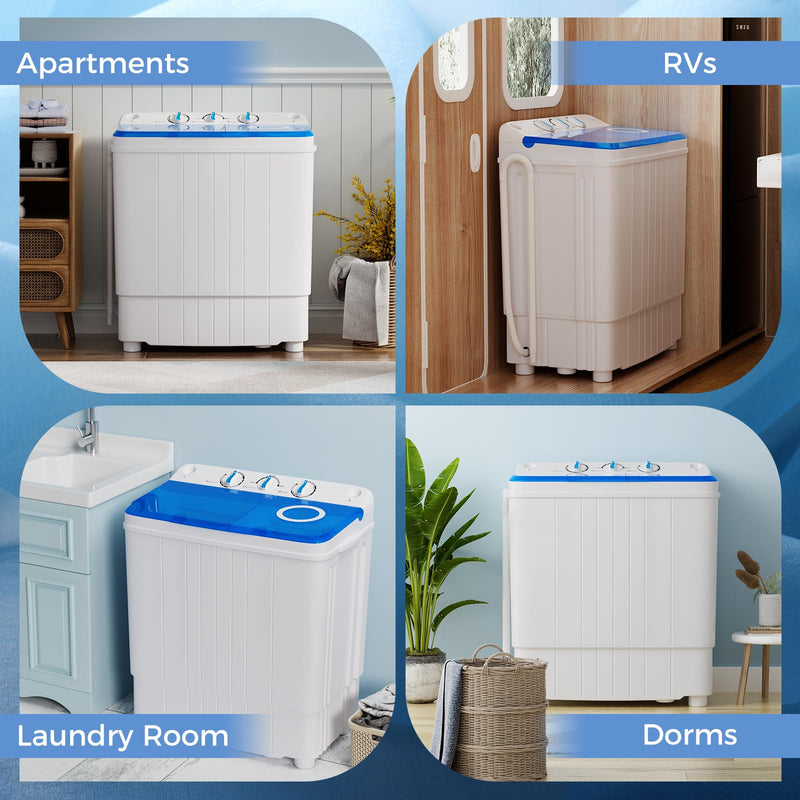 Portable Washing Machine, 17.6lbs Compact Portable Washer Twin Tub Combo with Pump Drain (Blue & White)