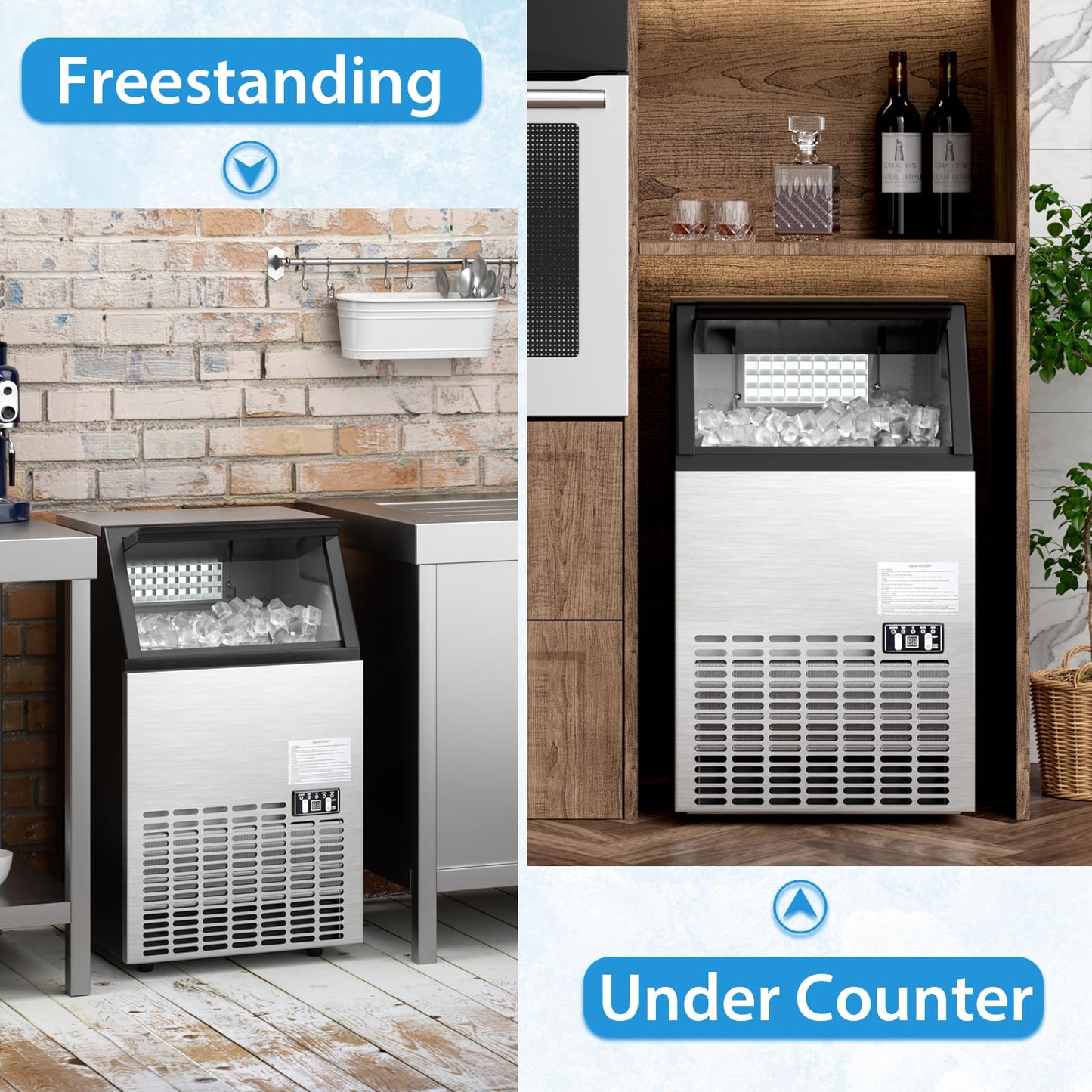 Commercial Ice Maker Machine, 110LBS/24H Stainless Steel Under Counter/Freestanding Self Cleaning Ice Machine with 24H Timer