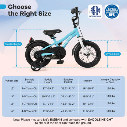 12/14/16/18 Inch Children Toddler Bicycle with Training Wheels for 3-8 Years Old Boys Girls