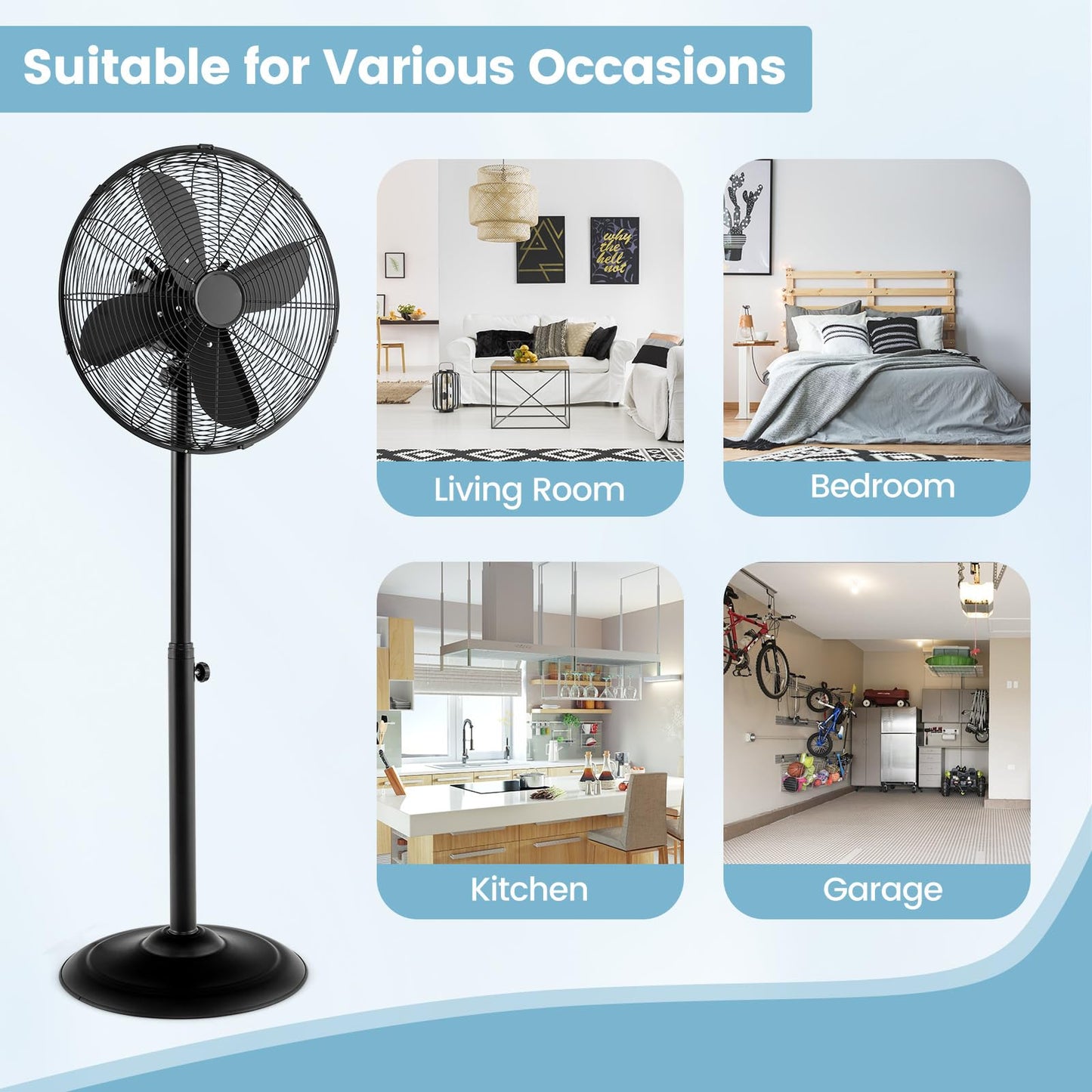 ARLIME Pedestal Fan, 16 Inch Oscillating Fan w/ 3 Speeds & Adjustable Height, 75° Oscillation & 20° Tilt