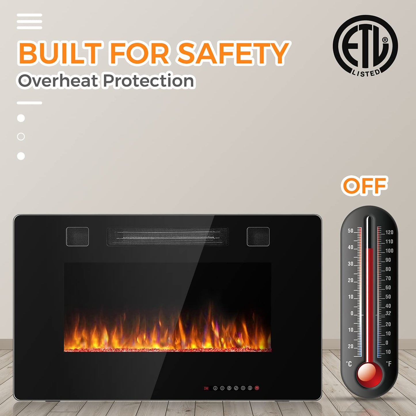 30-Inch Electric Fireplace, 750W/1500W Wall Recessed and Mounted Fireplace Insert with Remote Control