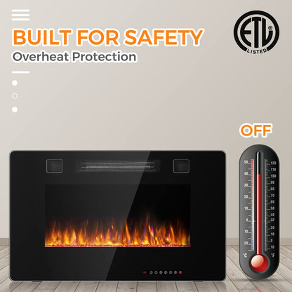 30-Inch Electric Fireplace, 750W/1500W Wall Recessed and Mounted Fireplace Insert with Remote Control