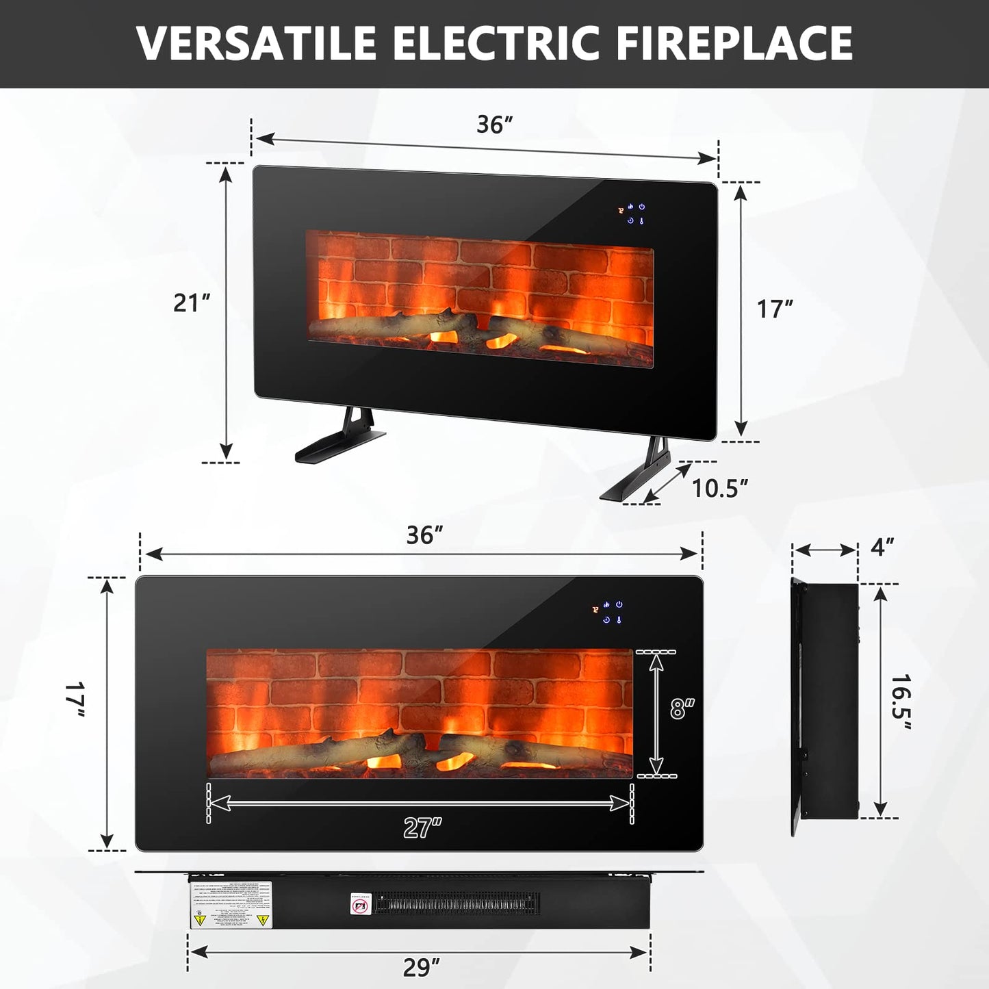 36 Inches Electric Fireplace Wall Mounted and Freestanding Fireplace Heater