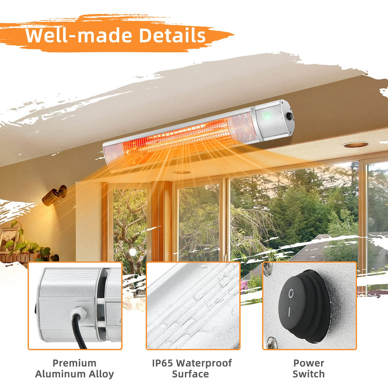 Wall-Mounted Patio Heater 3 Heat Setting 1 s Instant Heating for Garage and Backyard