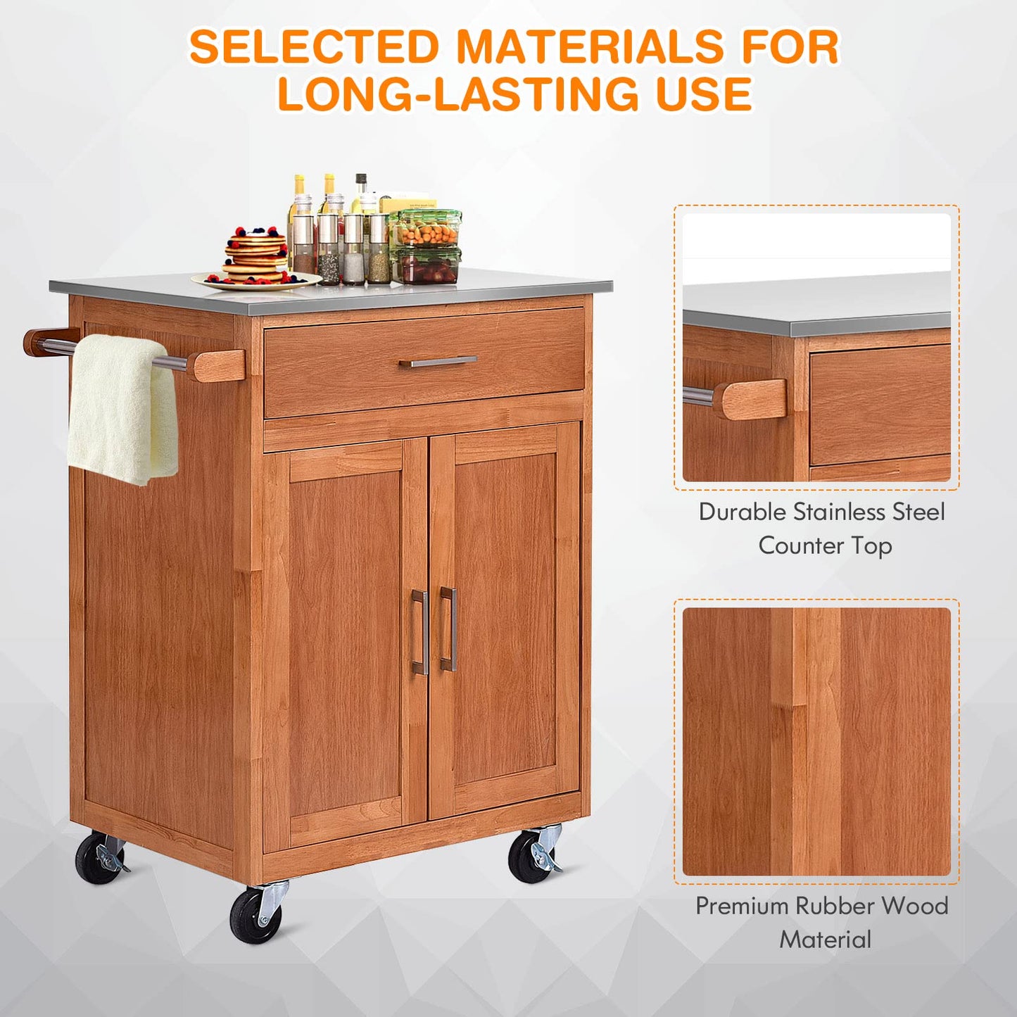 Kitchen Storage Island Cart on Wheels Farmhouse Kitchen Rolling Trolley Cart