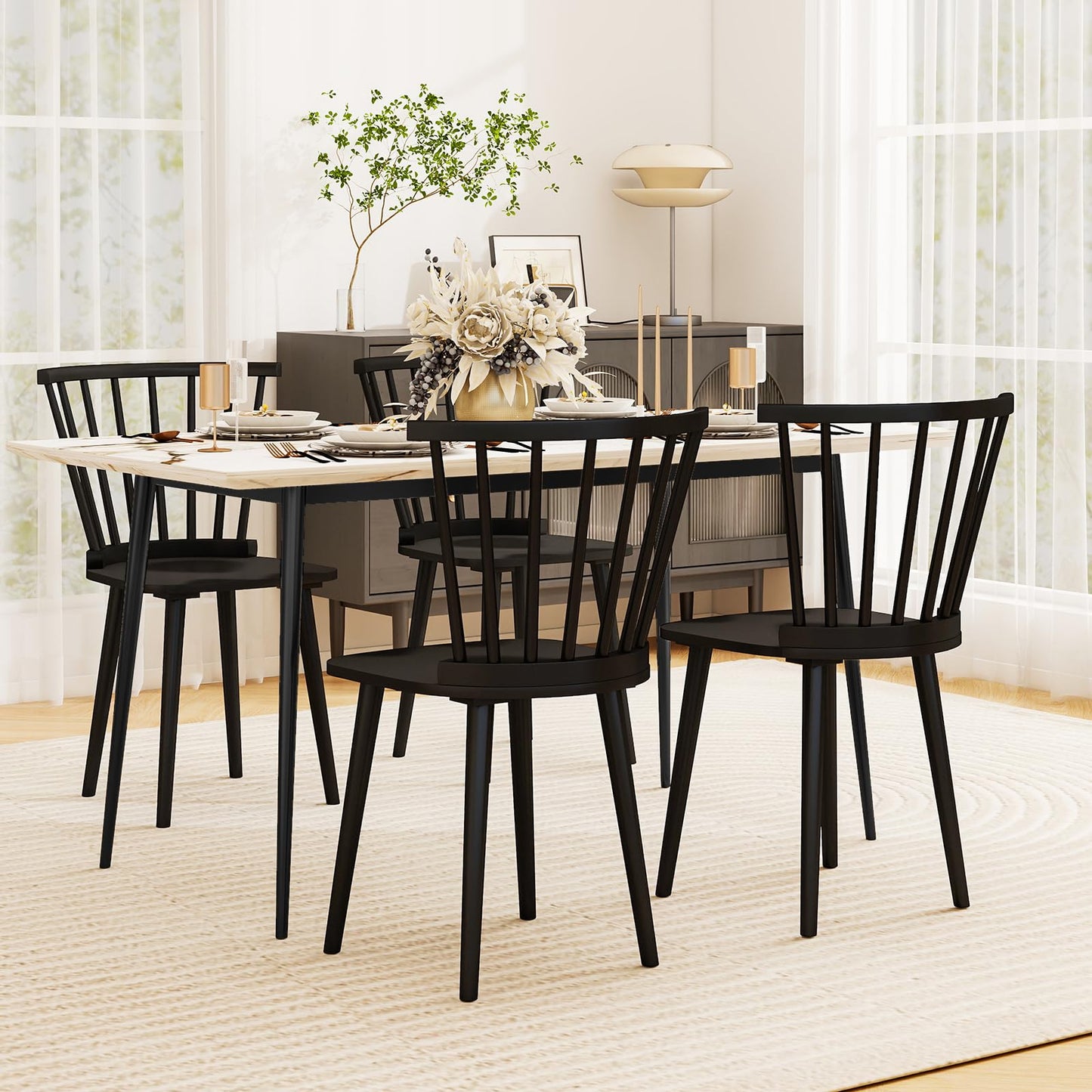 Windsor Dining Chairs Set of 2/4 with Spindle Back and Contoured Seat for Home