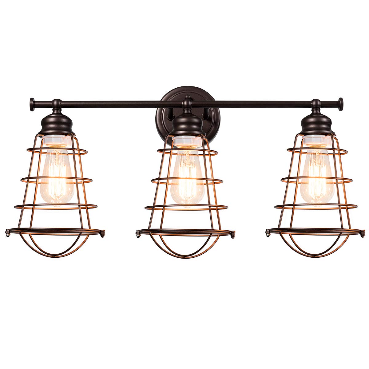 3-Light Vintage Vanity Lights, Industrial Metal Wire Cage Wall Sconces, Metal Wall Mount Lamp (Black & Golden)