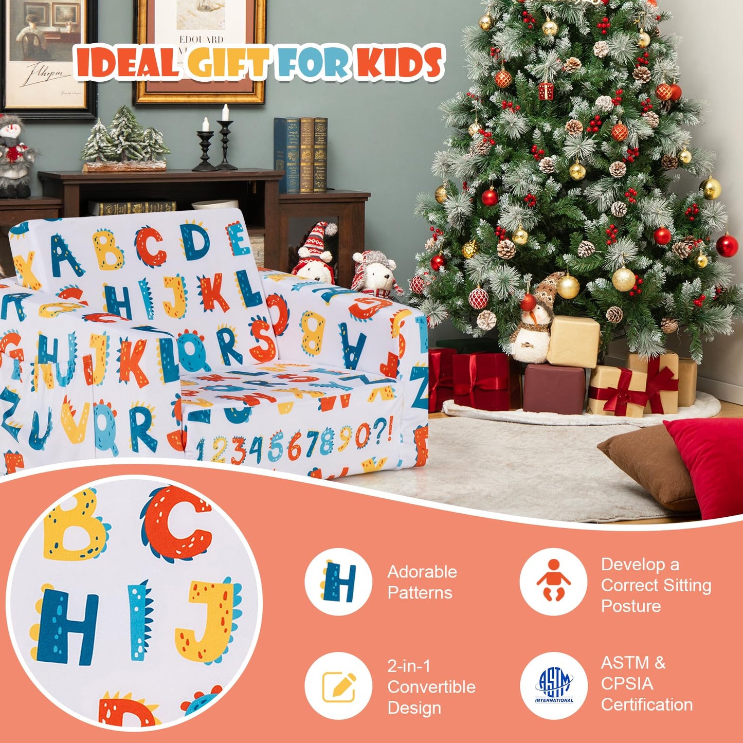 2-in-1 Convertible Sofa to Lounger for Children with Side Storage Pocket