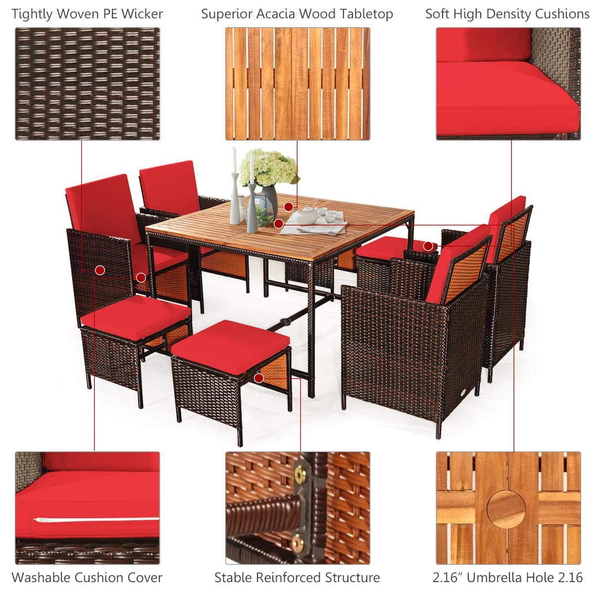 9PCS Patio Rattan Dining Set with Ottomans for Backyard Garden