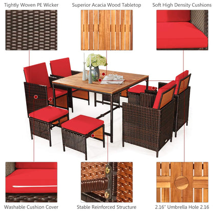 9PCS Patio Rattan Dining Set with Ottomans for Backyard Garden