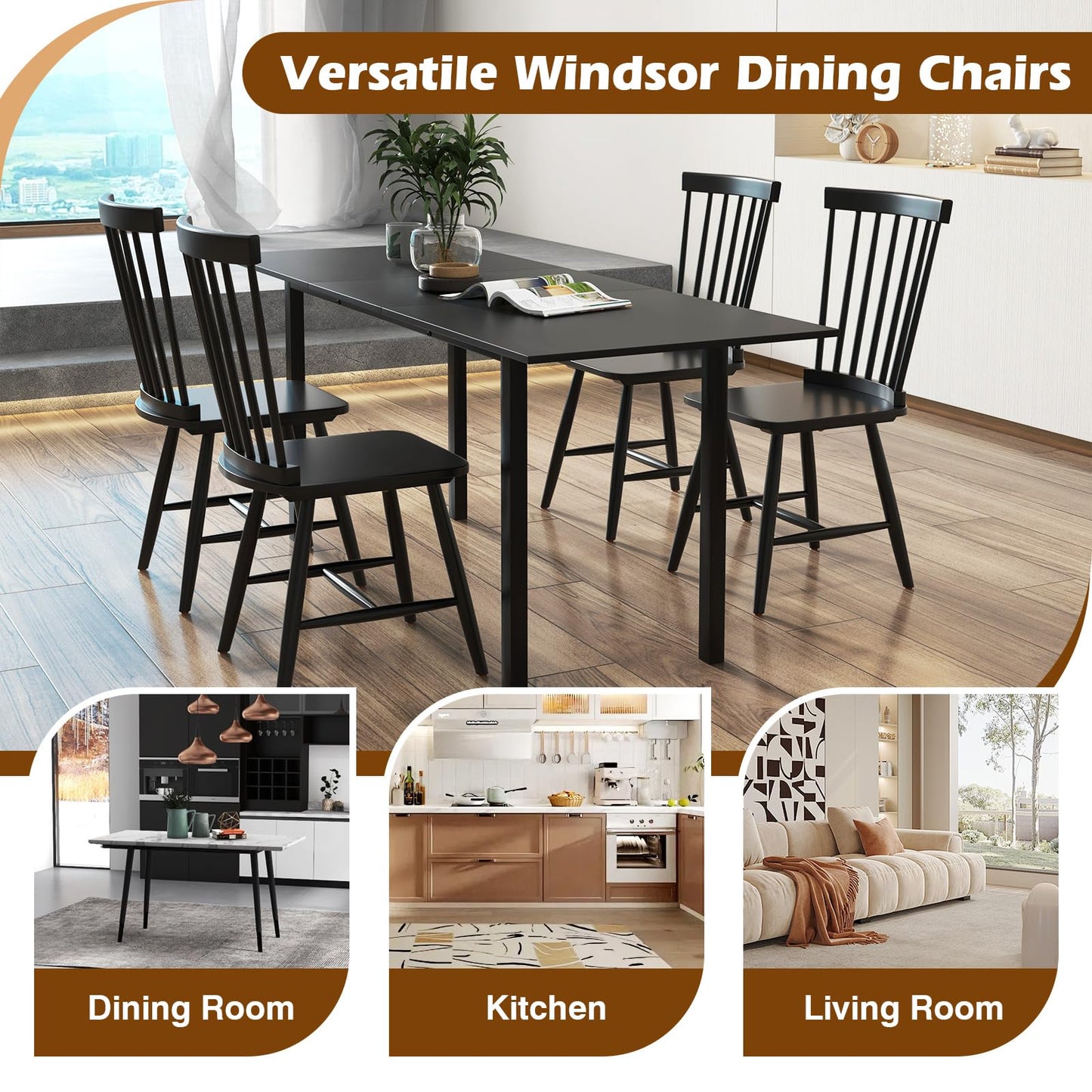 Windsor Dining Chair Set with Spindle Back Spacious Seat Rubber Wood Frame
