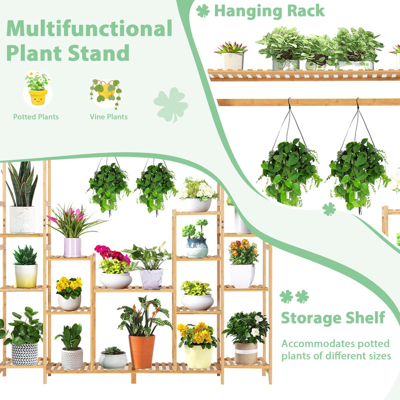 Bamboo Plant Stand with Hanging Rack & Anti-Dumping Device 2-In-1 High-Low Plant Holder Shelf
