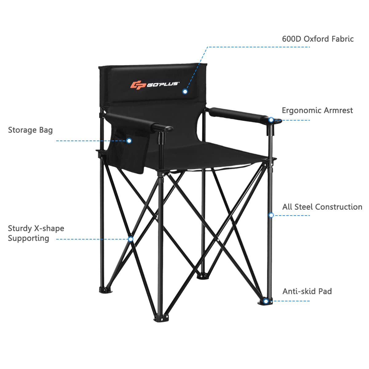 38.5” Height Portable Tall Directors Chair with Storage Pouches & Detachable Armrests