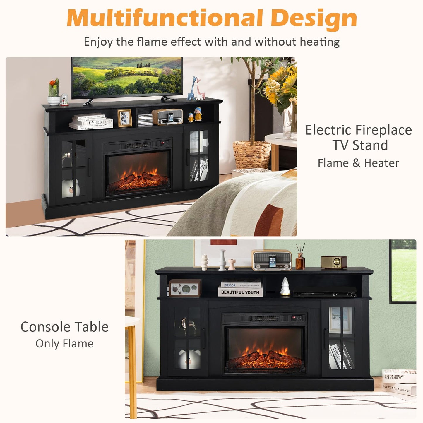 Fireplace TV Stand for TVs Up to 65 Inch, 23 Inches Electric Fireplace with Remote Control