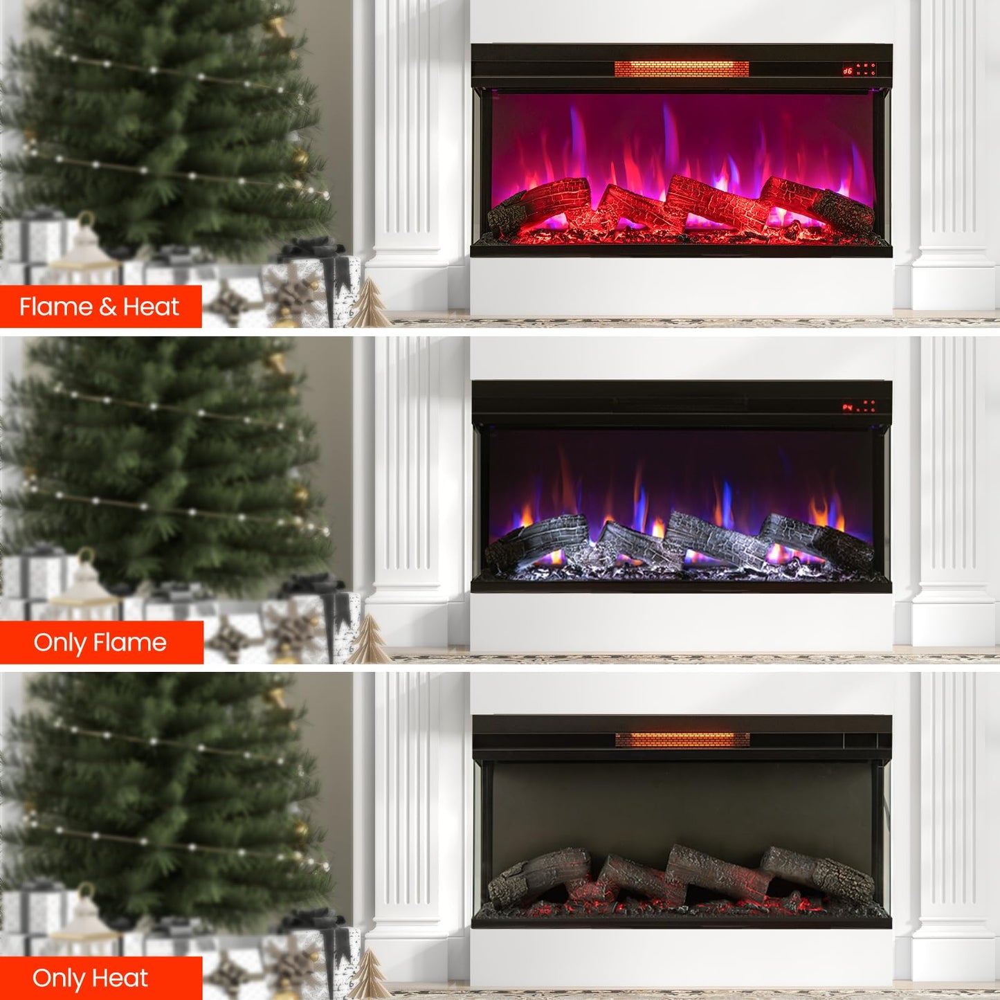 36-Inch 3 Side Glass Electric Fireplace with Remote Control