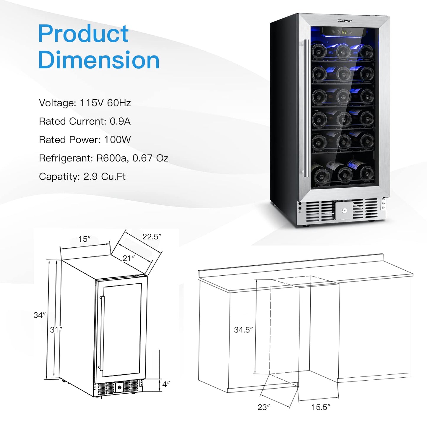 15 Inch Wine Cooler Refrigerator, 30 Bottles Stainless Steel Wine Cellar with Lock, Tempered Glass Door