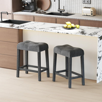 Wooden Saddle Stools Set 24-inch Counter Height Upholstered Backless Bar Stools with Solid Rubber Wood Legs