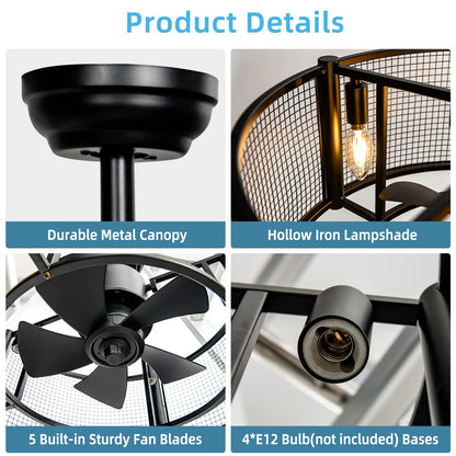 Caged Ceiling Fan with Light, 20 Inch Ceiling Fan Lights with Remote Control, Reversible Motor (No Bulb)