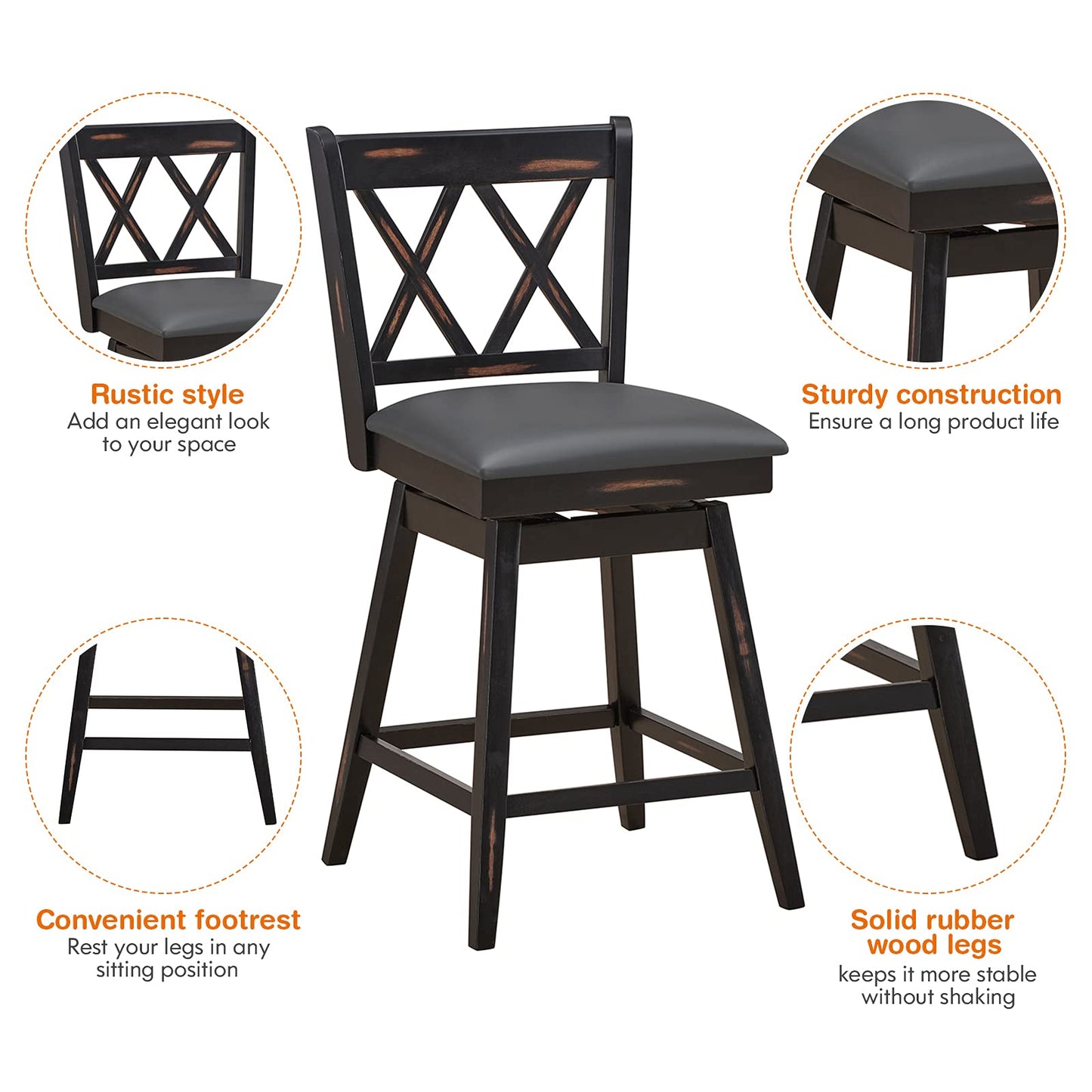 360 ° Swivel Counter Height 25 inch Bar Stool with Foot Rest Upholstered Cushion & Ergonomic Backrest