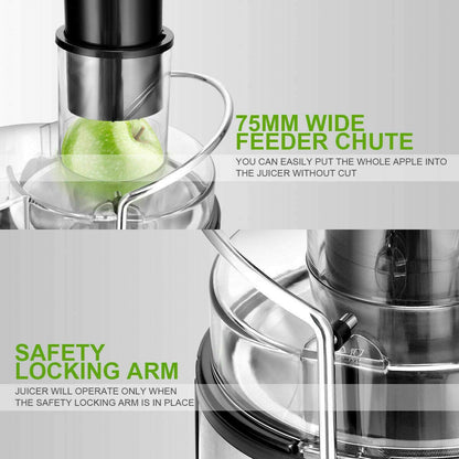 Juice Extractor, 75MM Wide Mouth Stainless Steel Juicer Machines, 2-Speed Setting High Speed Masticating Juicer Machine