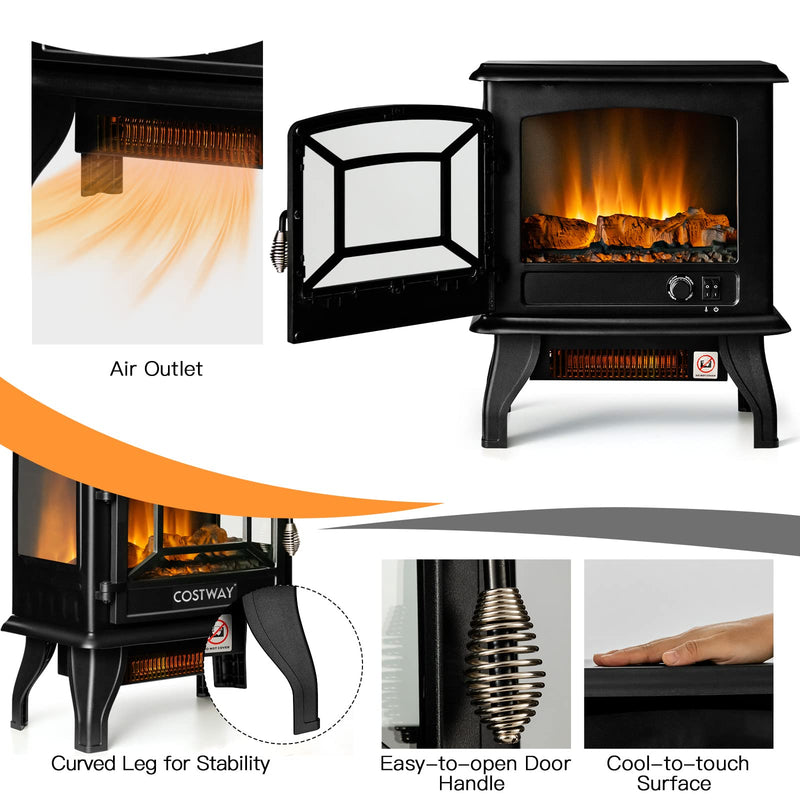 Electric Fireplace Stove 17-Inch Wide Freestanding Space Heater with 3D Realistic Flame