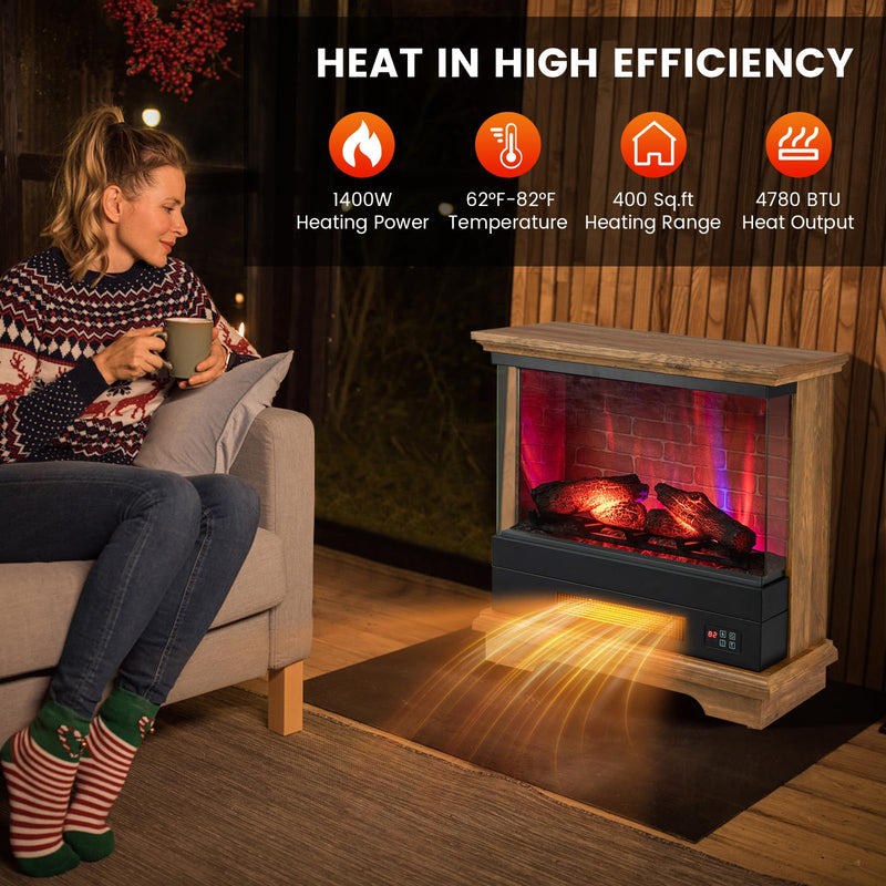 Electric Fireplace with 3-Sided Glass 27-inch Wide, 1400W Freestanding Fireplace Heater with Remote Control