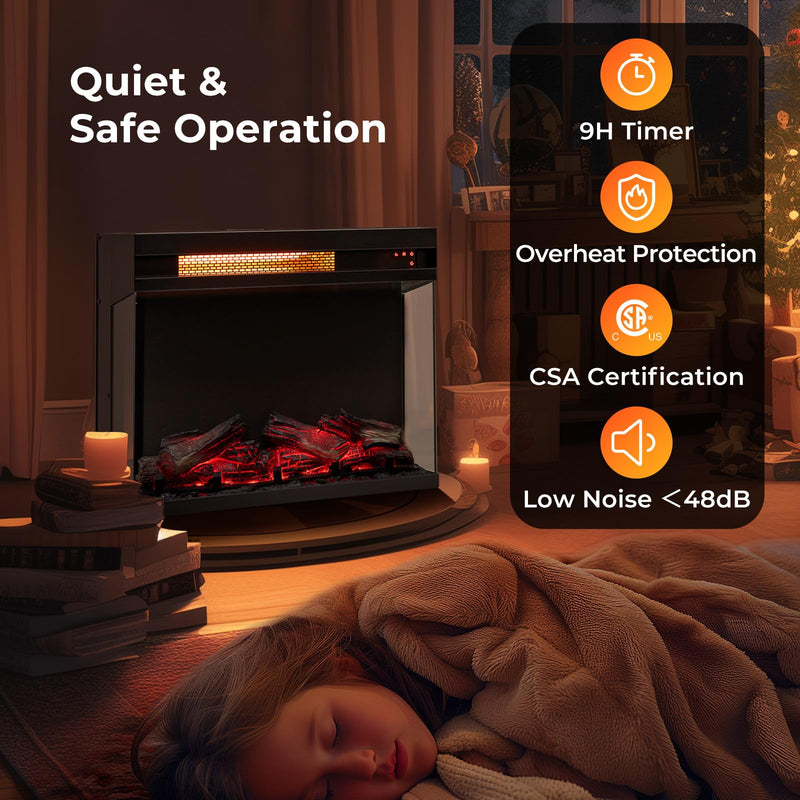23 Inch 3-Sided Electric Fireplace 1500W Recessed Fireplace Insert w/ 7-Color Flame & Adjustable Brightness
