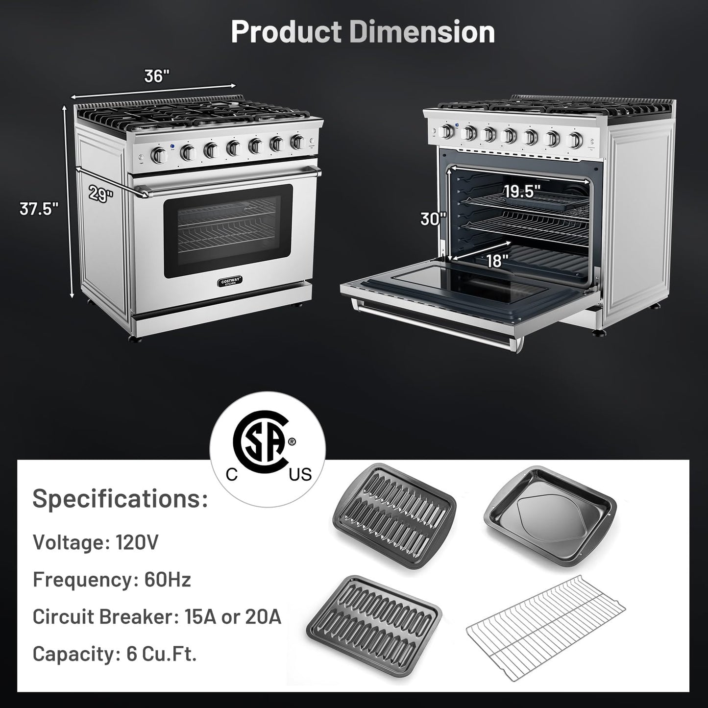 36 Inches Natural Gas Range, with 6 Burners Cooktop & 6 Cu.Ft. Convection Oven, Storage Drawer