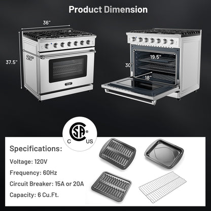 36 Inches Natural Gas Range, with 6 Burners Cooktop & 6 Cu.Ft. Convection Oven, Storage Drawer