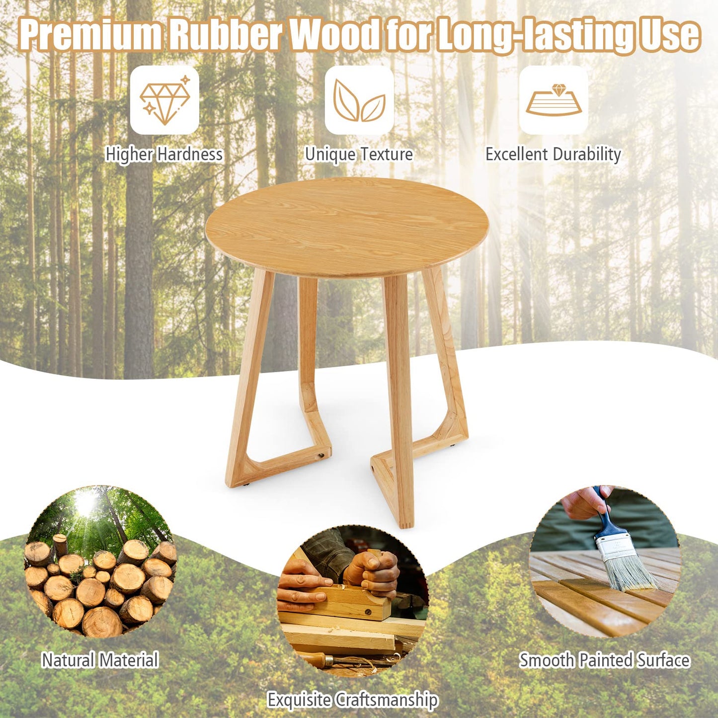 24” Round Side Table Solid Rubber Wood End Table Compact Tea Table Beside Sofa or Bed