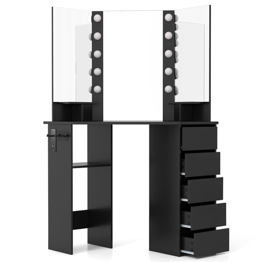 Corner Vanity Desk with Mirror and Lights for Women