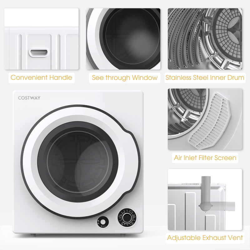 Compact Laundry Dryer with Stainless Steel Drum 5 Drying Programs and Adjustable Exhaust Vent