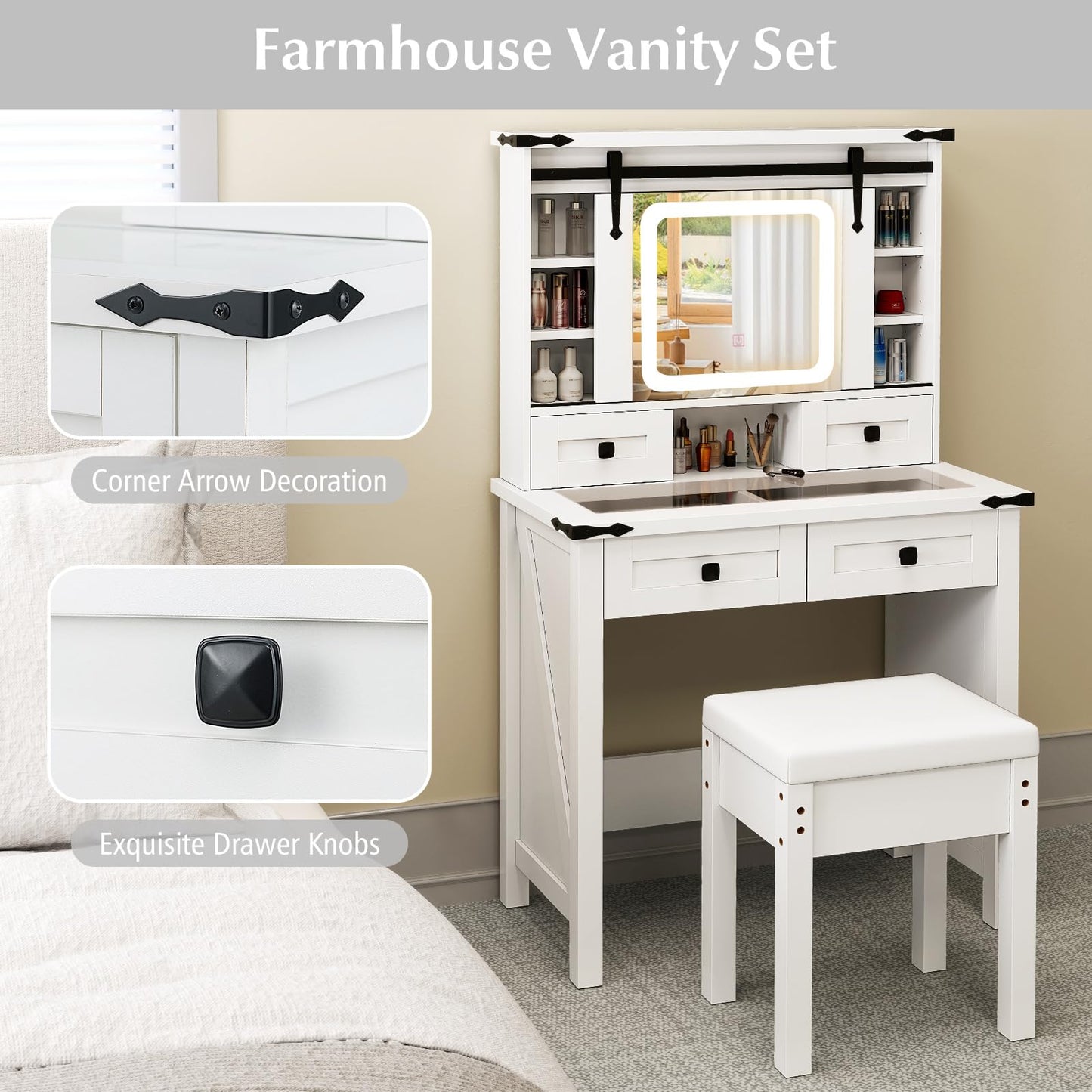 31'' Farmhouse Makeup Table with Sliding Mirror