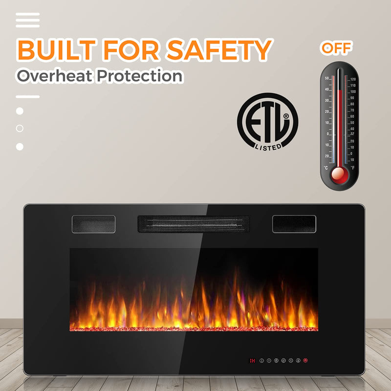 36-Inch Electric Fireplace Insert 750W/1500W Wall Recessed and Mounted Fireplace