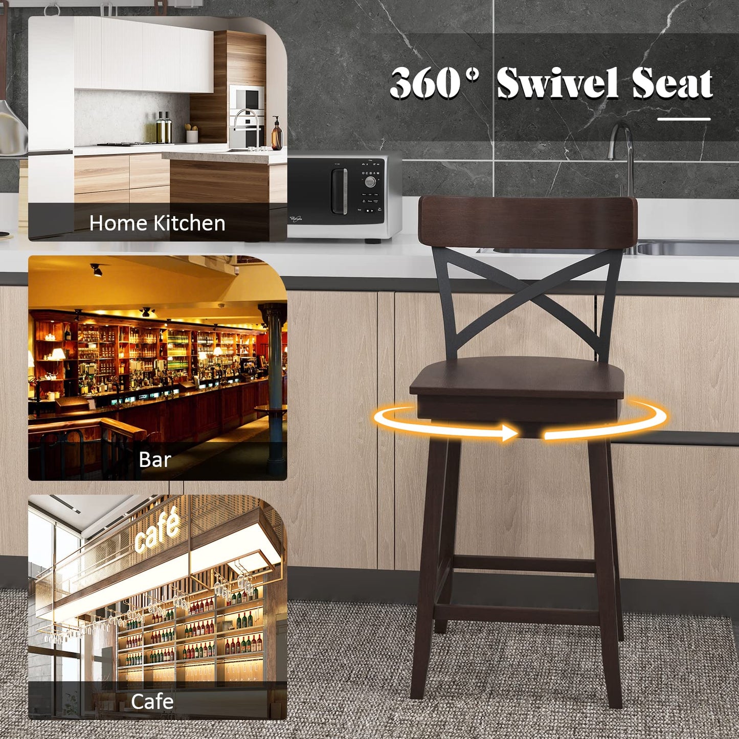 24 Inch Swivel Bar Stool Set of 2/4 Ergonomic Counter Height Chairs with Open X Back & Footrest