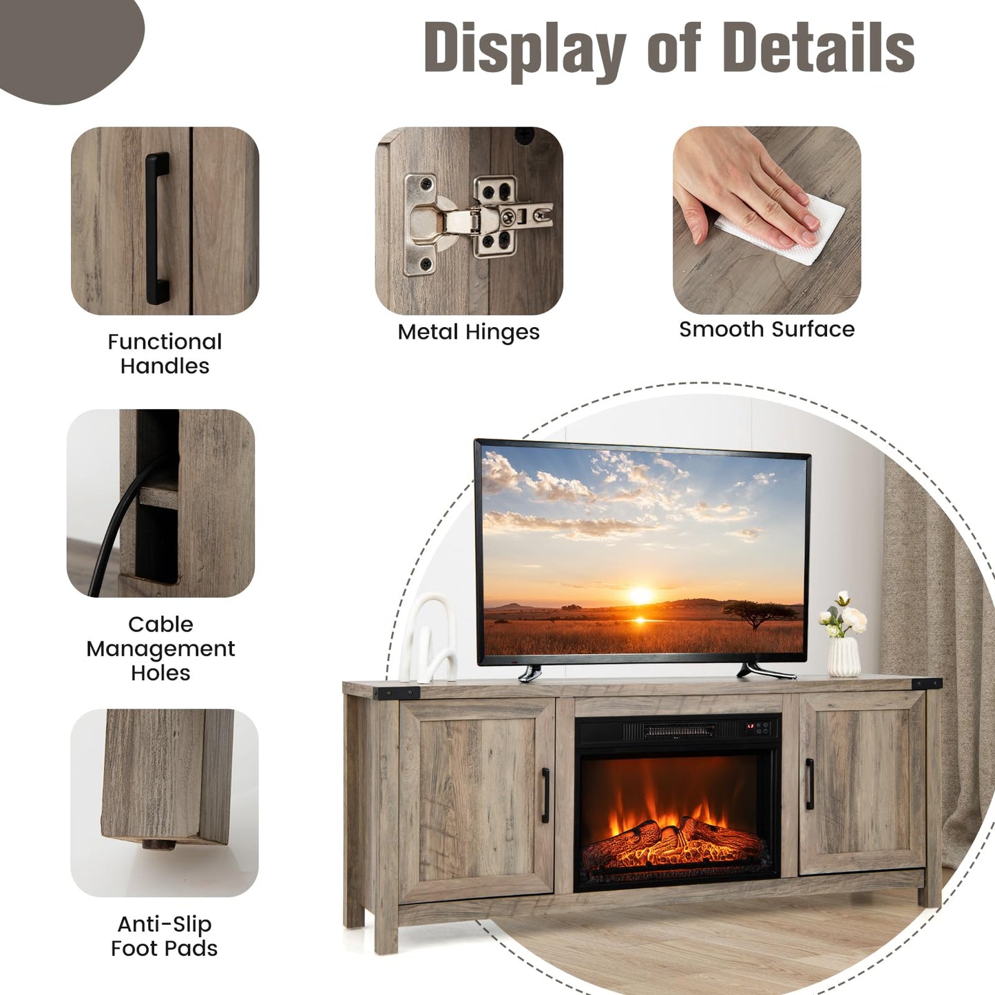 Fireplace TV Stand for TVs up to 70 Inch Farmhouse TV Console with 23” Electric Fireplace Insert