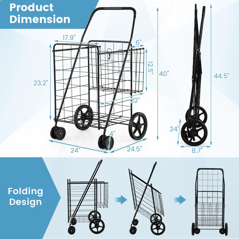 360° Swiveling Front Wheels Folding Shopping Cart Light Weight Utility Cart